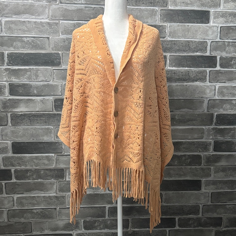 Peach Knit Buttoned Poncho with Fringe